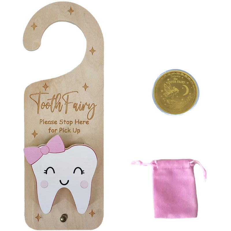 PAMBO Tooth Fairy Door Hanger, Wooden Tooth Fairy Money Holder with Tooth Coins for Lost Tooth Kids Gifts (Pink) - Image 1